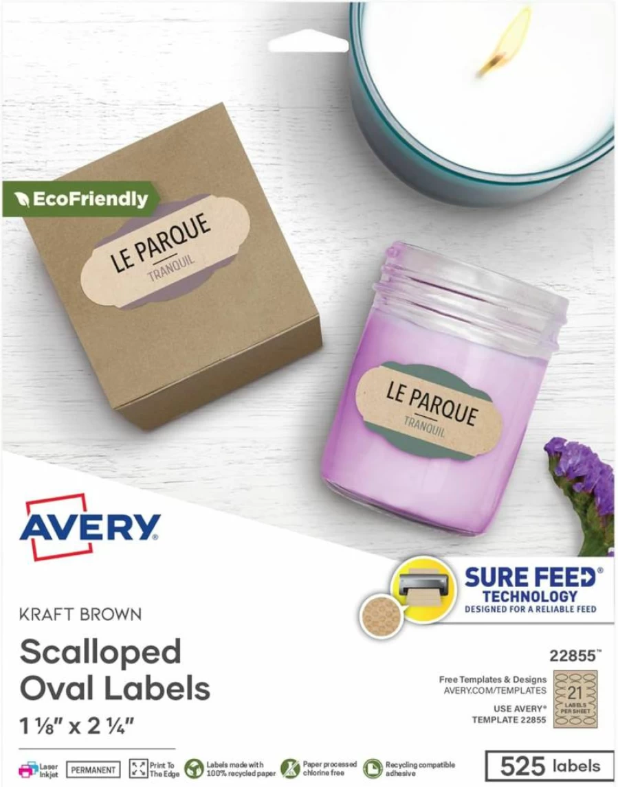 Avery 22855 Kraft Brown Scalloped Oval Labels, 1-1/8" x 2-1/4", Sure Feed Technology, Print to Edge, Laser/Inkjet Printable, 525 Labels