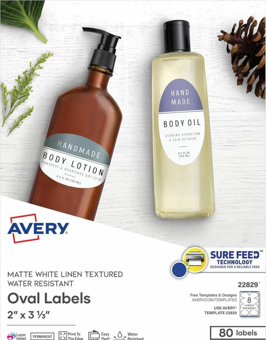 AVERY 22829 Printable Oval Labels, 2" x 3.33" Textured Matte White, 80 Customizable Stickers for Laser/Inkjet Printing