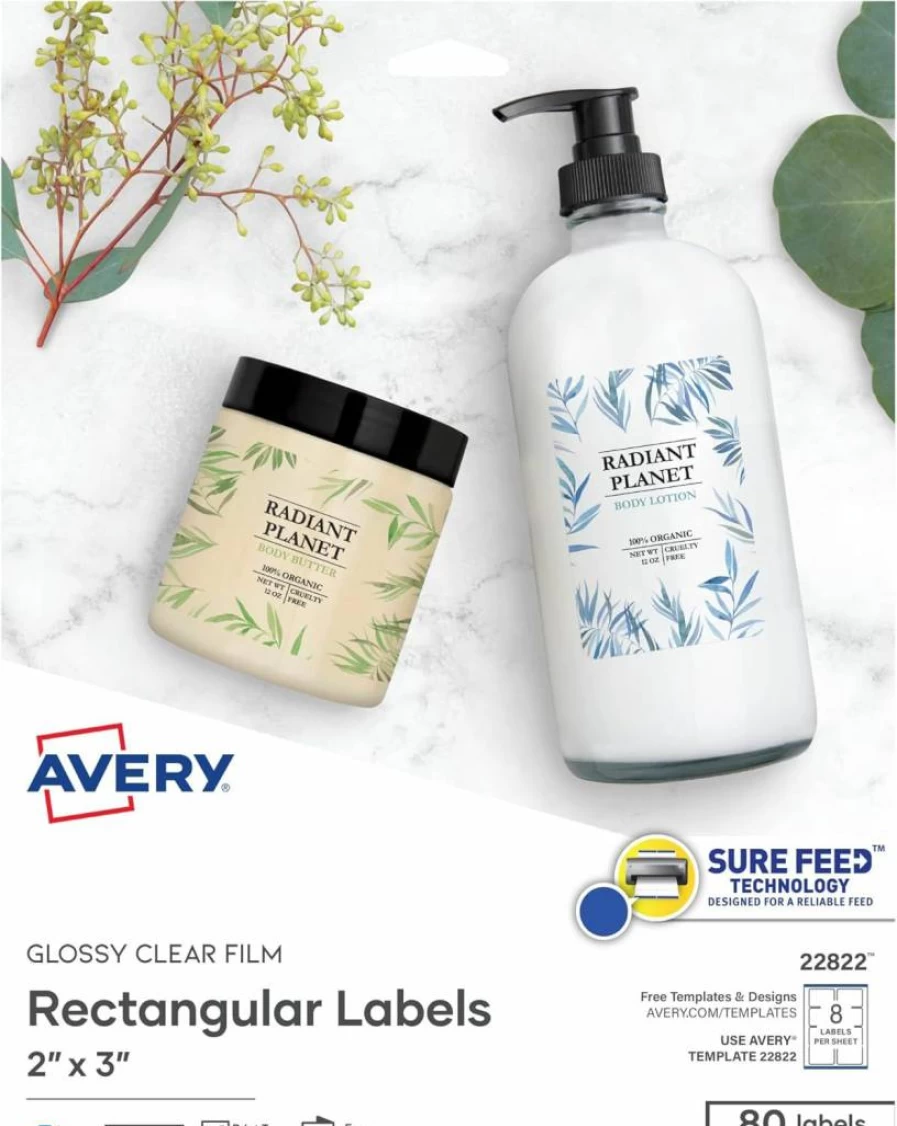 AVERY 22822 Glossy Clear Printable Labels, 2" x 3" Rectangle, 80 Customizable Blank Stickers for Laser/Inkjet Printers