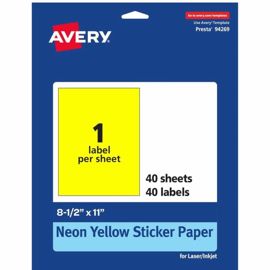 Avery Neon Yellow Printable Sticker Paper, 8.5" x 11" Full-Sheet Labels, 20-Pack for Laser/Inkjet Printing, Ideal for Packaging & DIY Stickers