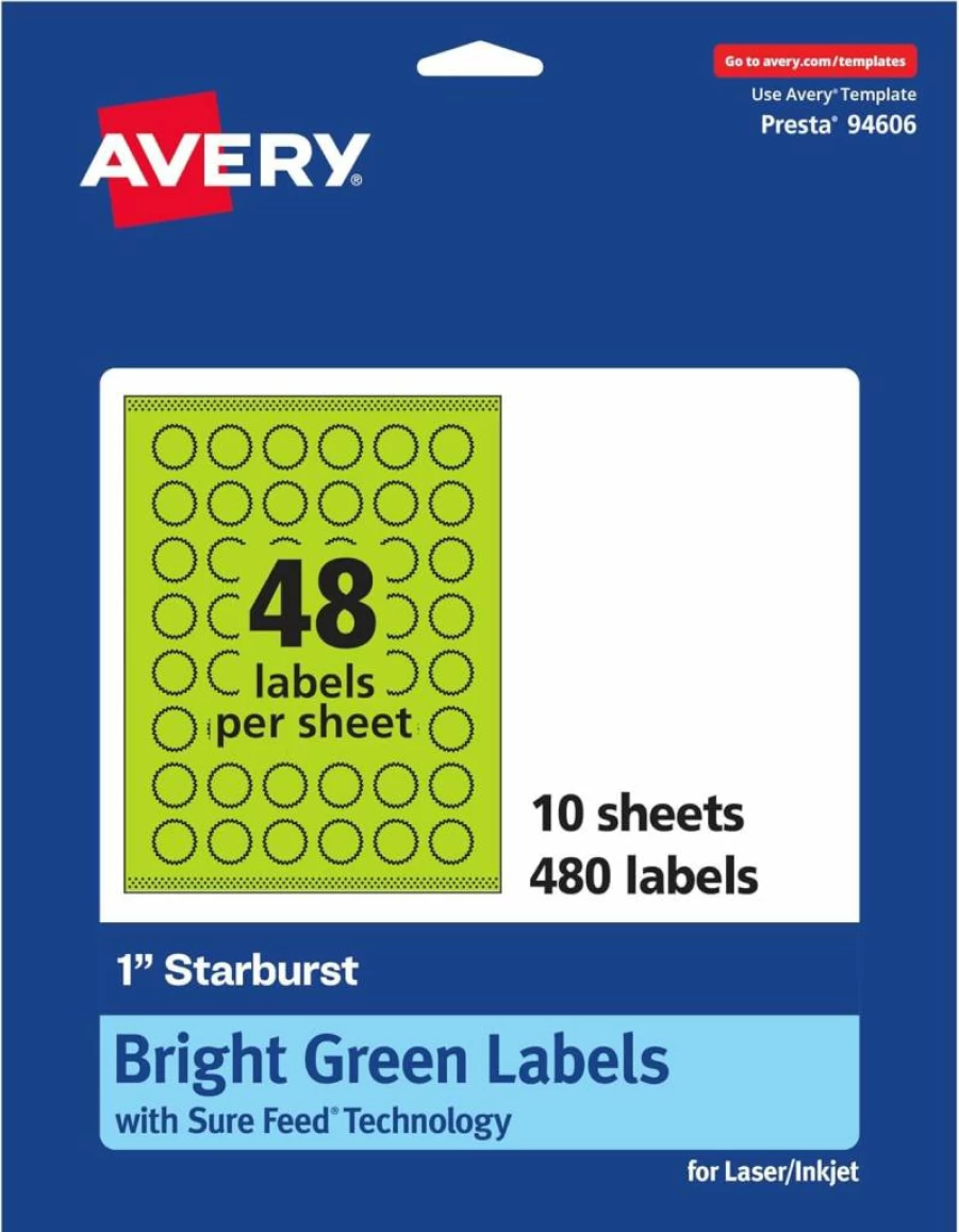 Avery Sure Feed Printable Starburst Labels 1" Bright Green, Print-To-The-Edge for Laser/Inkjet, 480 Labels for Mailing Seals & Planner Stickers