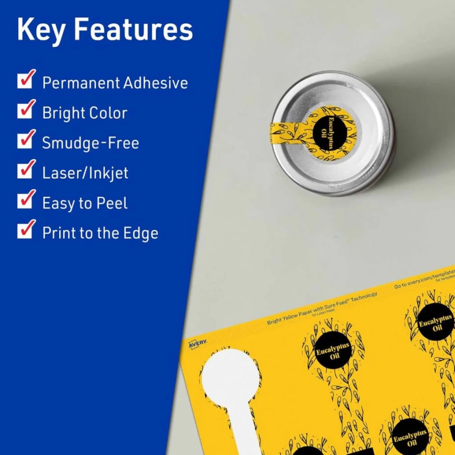 AVERY Printable Lollipop Labels 1-1/2" x 4" - Bright Yellow Sure Feed Stickers for Jars, Baking & Packaging (160 Labels, Laser/Inkjet Compatible, Print-To-The-Edge)