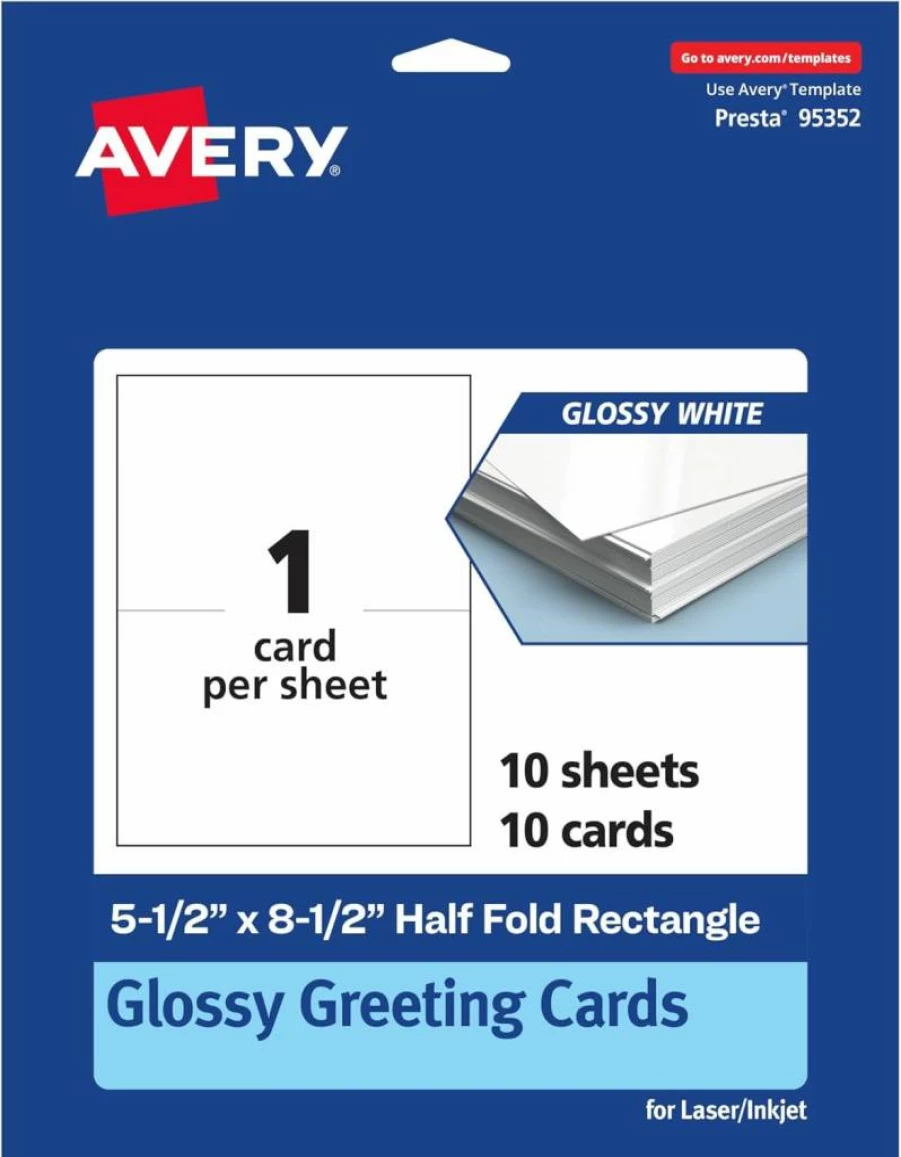 AVERY Printable Half Fold Greeting Cards, 5.5" x 8.5" Glossy White Cardstock, 50-Pack for Thank You Cards & Event Invitations, Laser/Inkjet Compatible