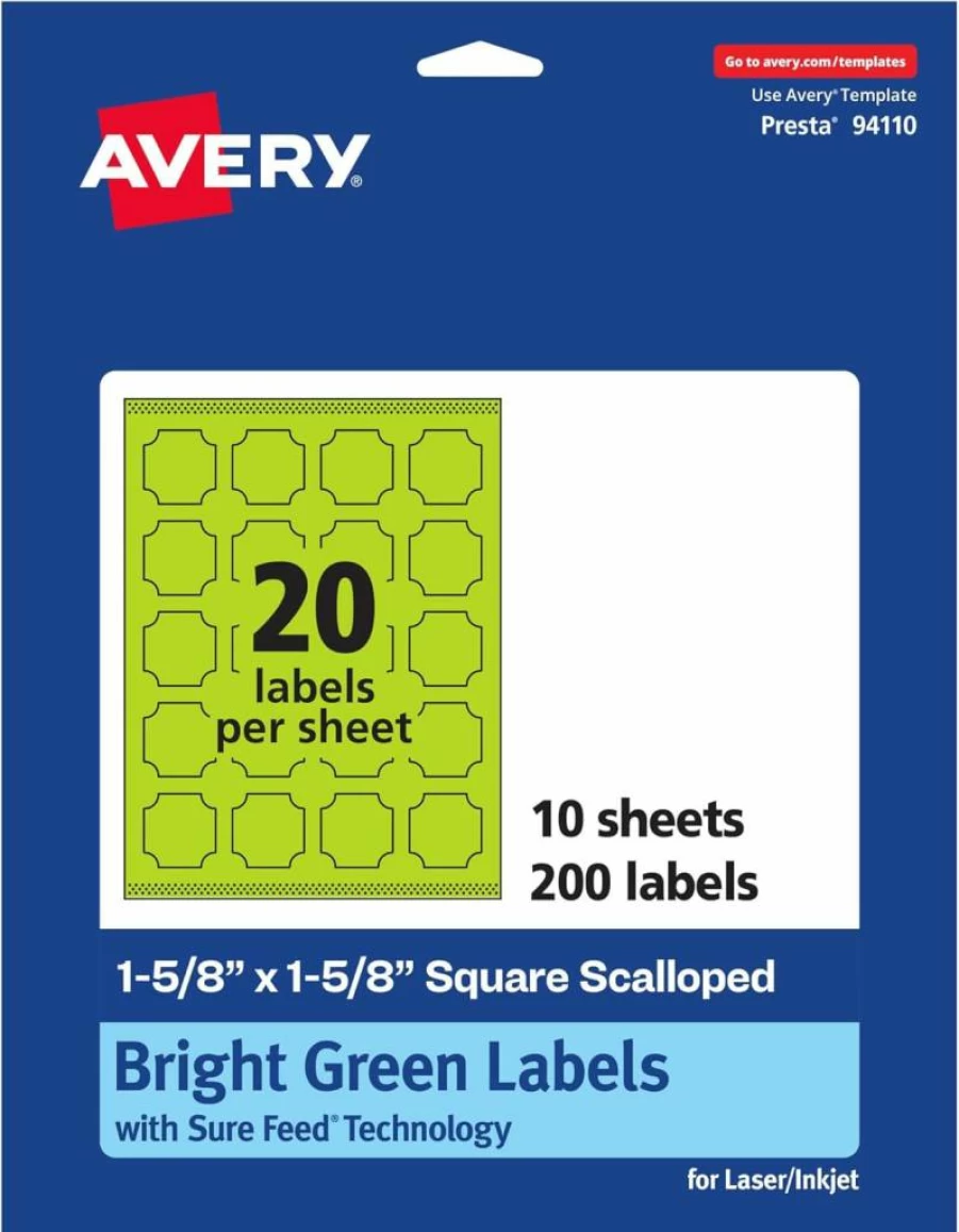 Avery Bright Green Printable Scalloped Labels 1-5/8" x 1-5/8" - 200 Pack, Sure Feed Technology, Laser/Inkjet Compatible, Print-To-The-Edge for Cosmetics & Jars