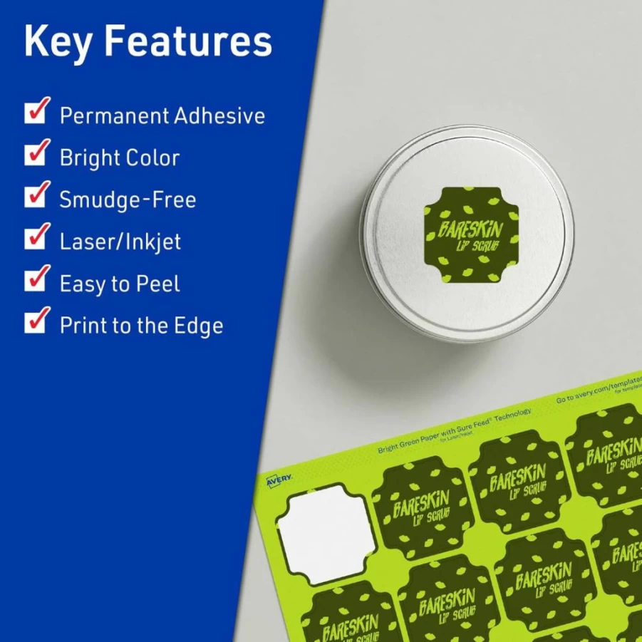 Avery Bright Green Printable Scalloped Labels 1-5/8" x 1-5/8" - 200 Pack, Sure Feed Technology, Laser/Inkjet Compatible, Print-To-The-Edge for Cosmetics & Jars
