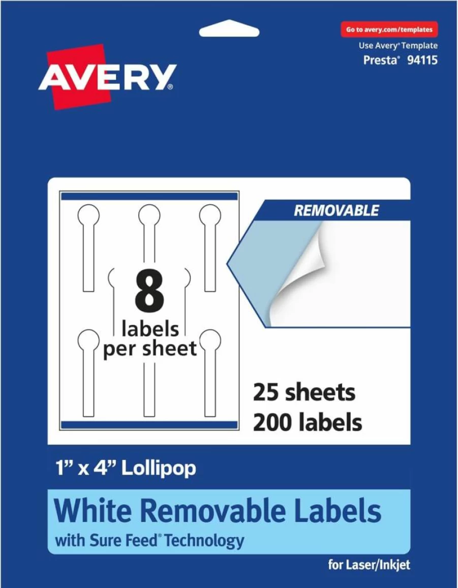 Avery Matte White Removable Lollipop Labels 1" x 4" - 120 Pack, Sure Feed Technology, Laser/Inkjet Printable, Print-To-The-Edge Design