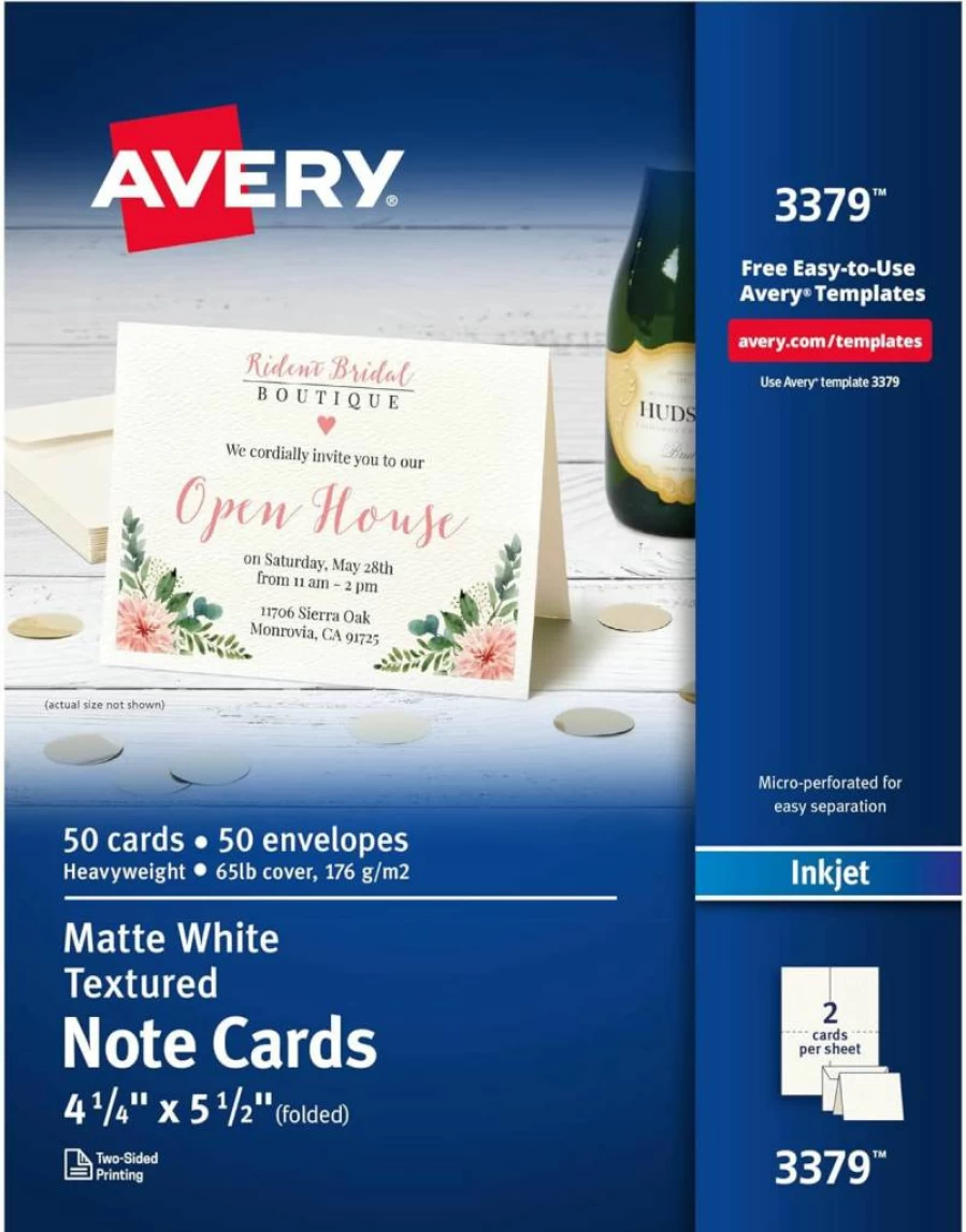 Avery 50 Blank Printable Note Cards with Envelopes, 4.25" x 5.5", Textured White, Compatible with Inkjet Printers (03379)