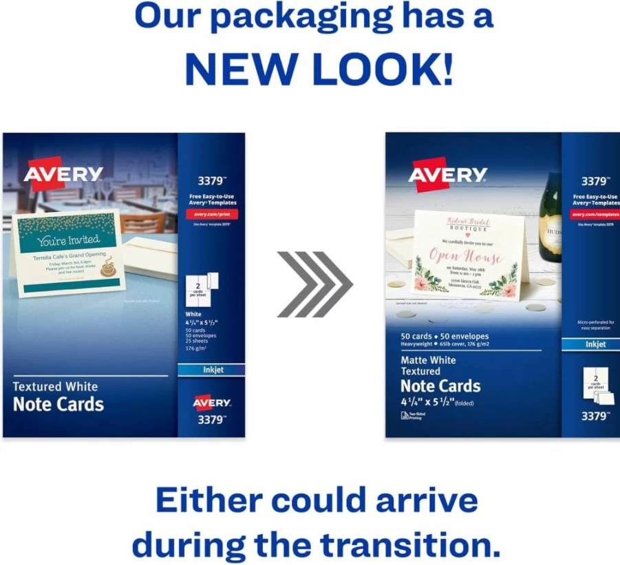 Avery 50 Blank Printable Note Cards with Envelopes, 4.25" x 5.5", Textured White, Compatible with Inkjet Printers (03379)
