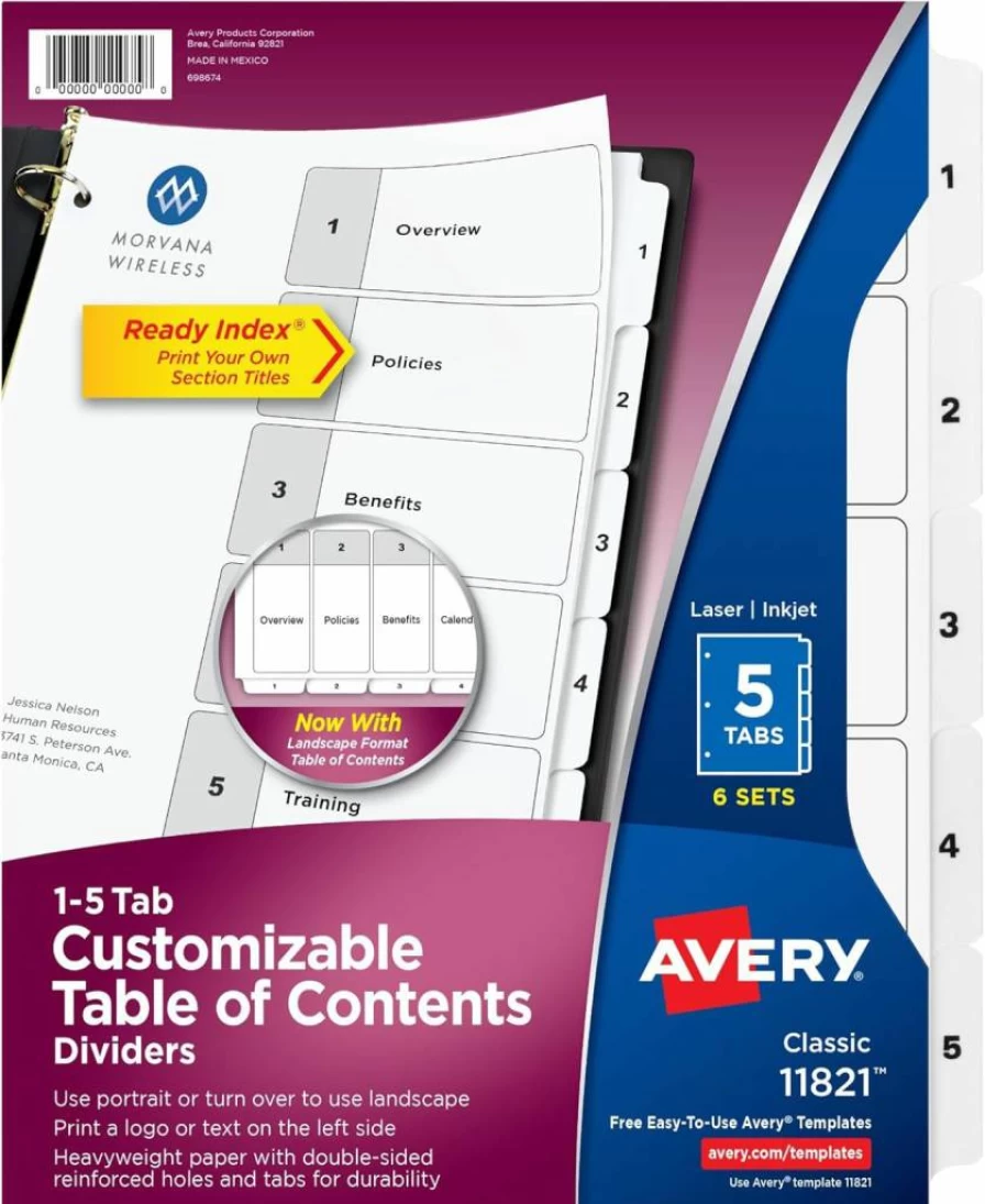 AVERY 5-Tab Dividers for 3-Ring Binders, 6 Sets with Customizable White Tabs, Organizer Inserts for Office, School, 11821