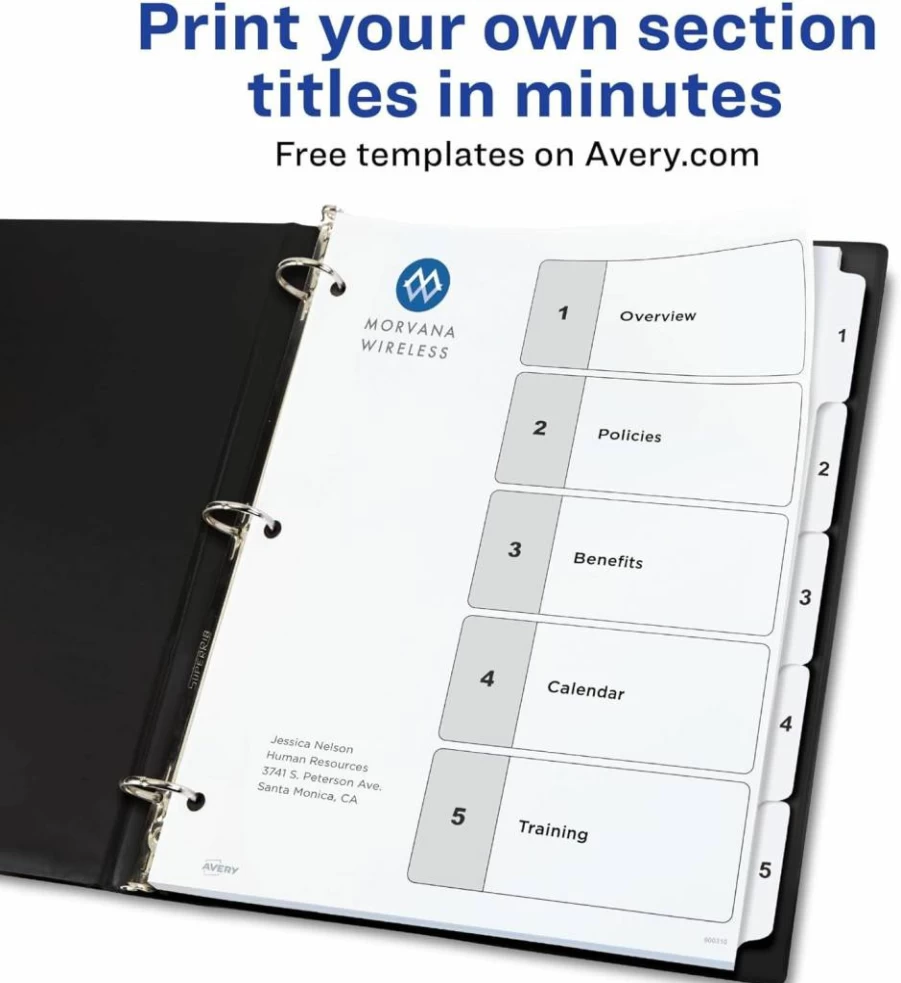 AVERY 5-Tab Dividers for 3-Ring Binders, 6 Sets with Customizable White Tabs, Organizer Inserts for Office, School, 11821