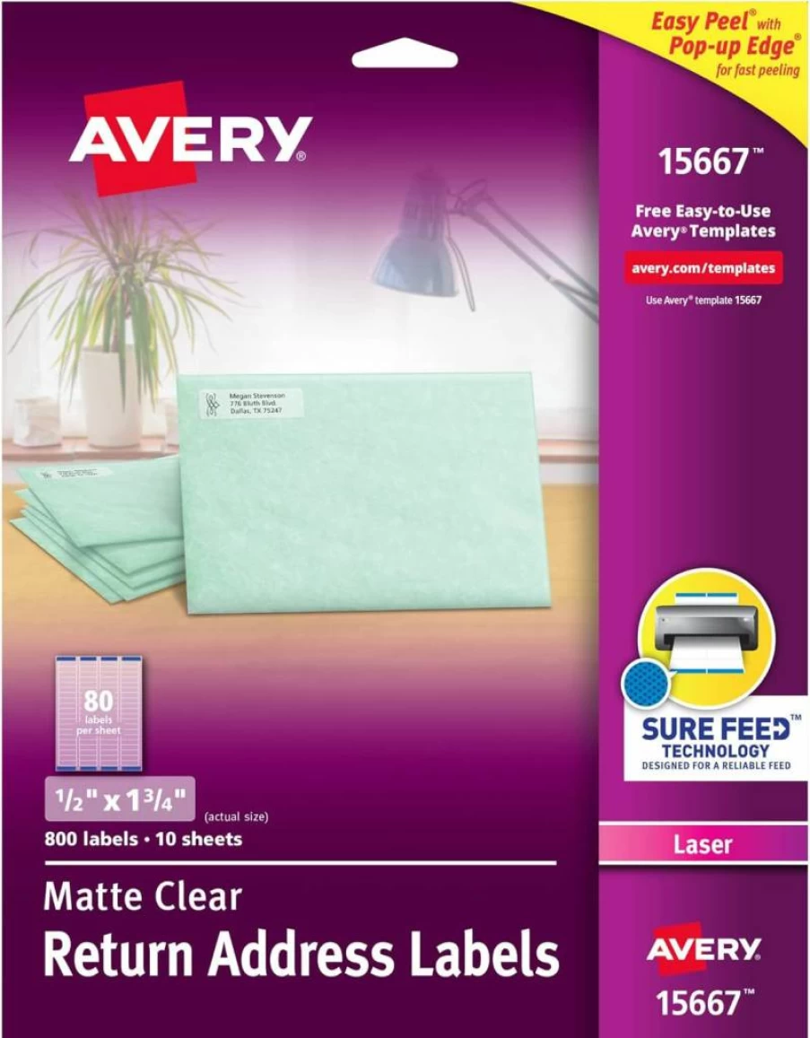 AVERY 15667 Printable Return Address Labels, 0.5" x 1.75", Matte Clear, 800 Blank Mailing Labels with Sure Feed Technology