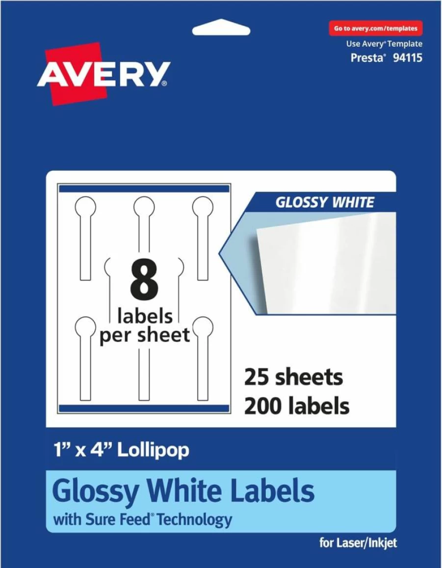 Avery Glossy White Lollipop Labels 1" x 4" - 80-Pack, Sure Feed Technology, Print-to-the-Edge, Permanent Adhesive, Laser/Inkjet Printable, High-Quality Sticker Labels for Professional Use