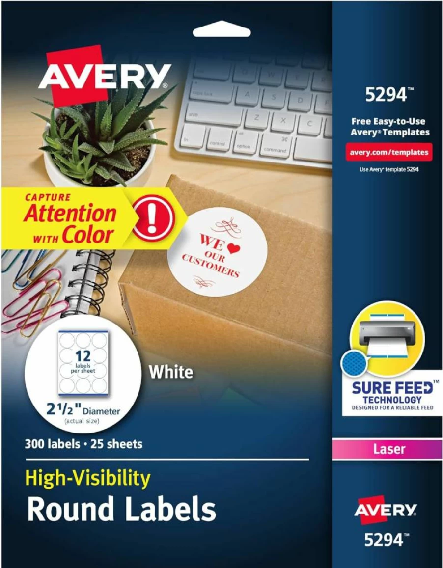 Avery 45294 Round Printable Labels, 2.5" Diameter, White, High Visibility, Sure Feed Technology, Laser Printer Compatible, 300 Labels per Pack (2 Packs, 600 Total), Customizable Blank Labels