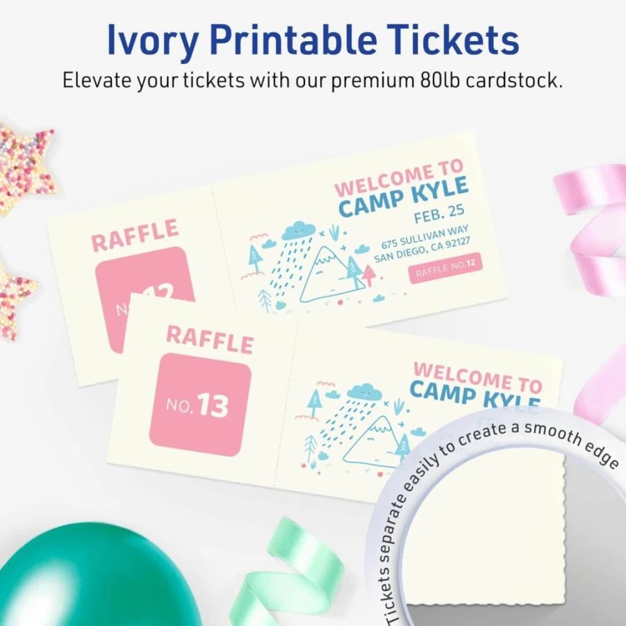 Avery Matte Ivory Printable Tickets 2-1/8" x 5-1/2" - 200 Sheets Laser/Inkjet Cardstock for Events & Labels