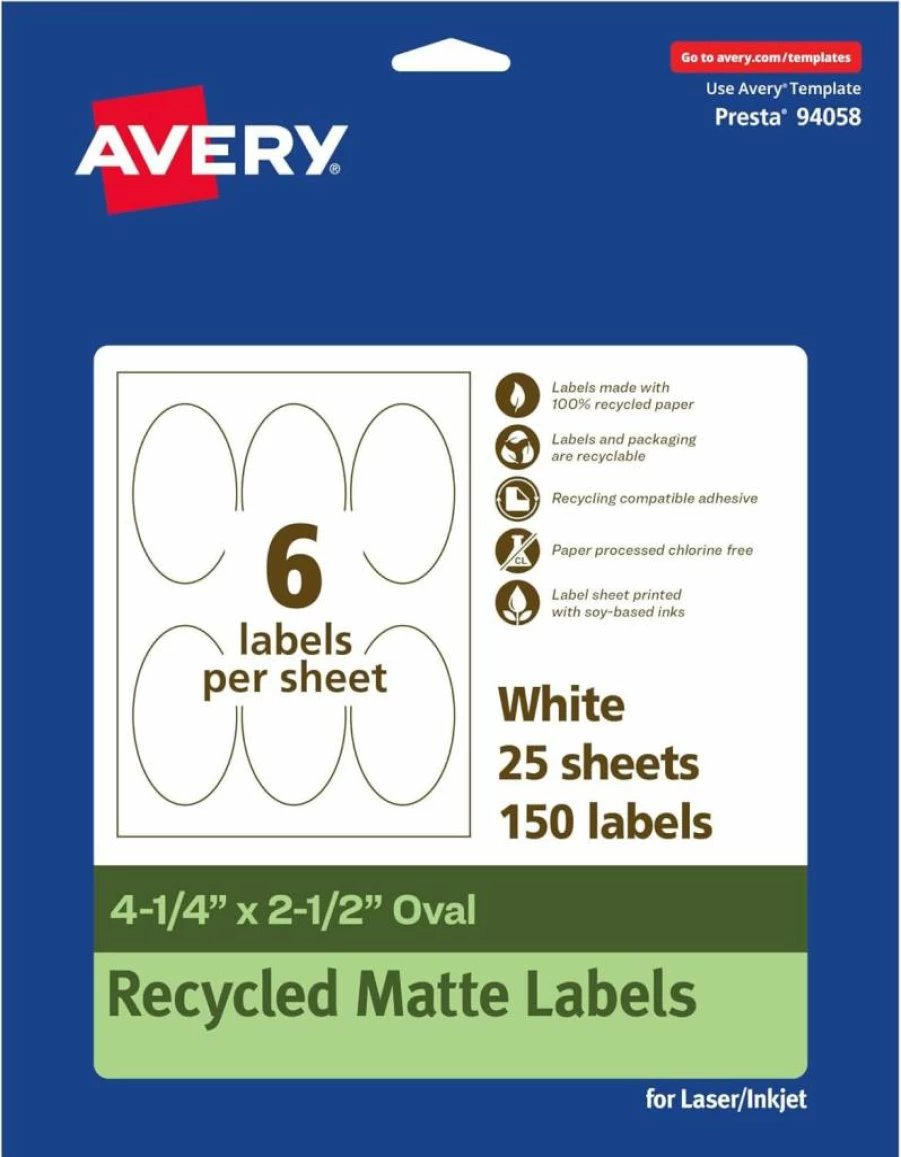 Avery Recycled Matte White Oval Labels 4.25" x 2.5" - Eco-Friendly Permanent Adhesive, Laser/Inkjet Printable, 60-Pack