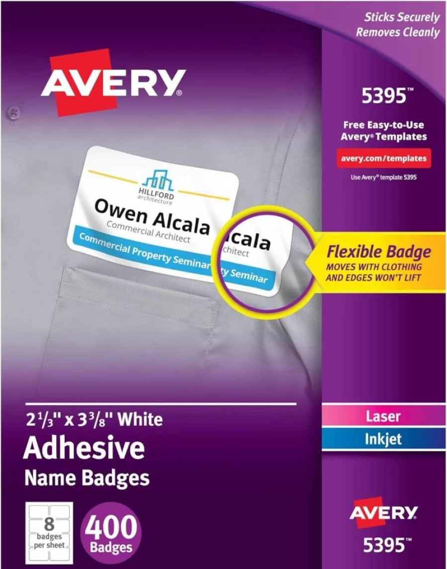 AVERY 5395 Removable Name Tags, 2.33" x 3.375", Matte White, 400-Pack, Printable for Laser & Inkjet Printers, Flexible Name Badges