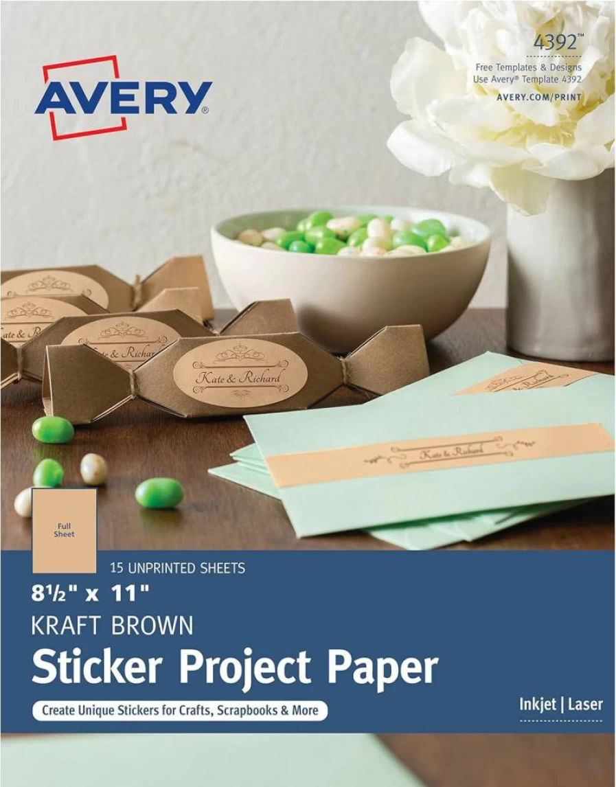 AVERY Kraft Brown Printable Sticker Paper for Inkjet Printers, 8.5" x 11" Craft Paper Sheets, 15-Pack (4392)