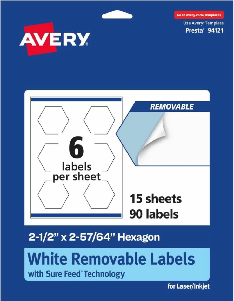 AVERY Matte White Removable Hexagon Labels, 2-1/2" x 2-57/64", 90-Pack, Sure Feed for Laser/Inkjet Printers, Print-To-The-Edge Design