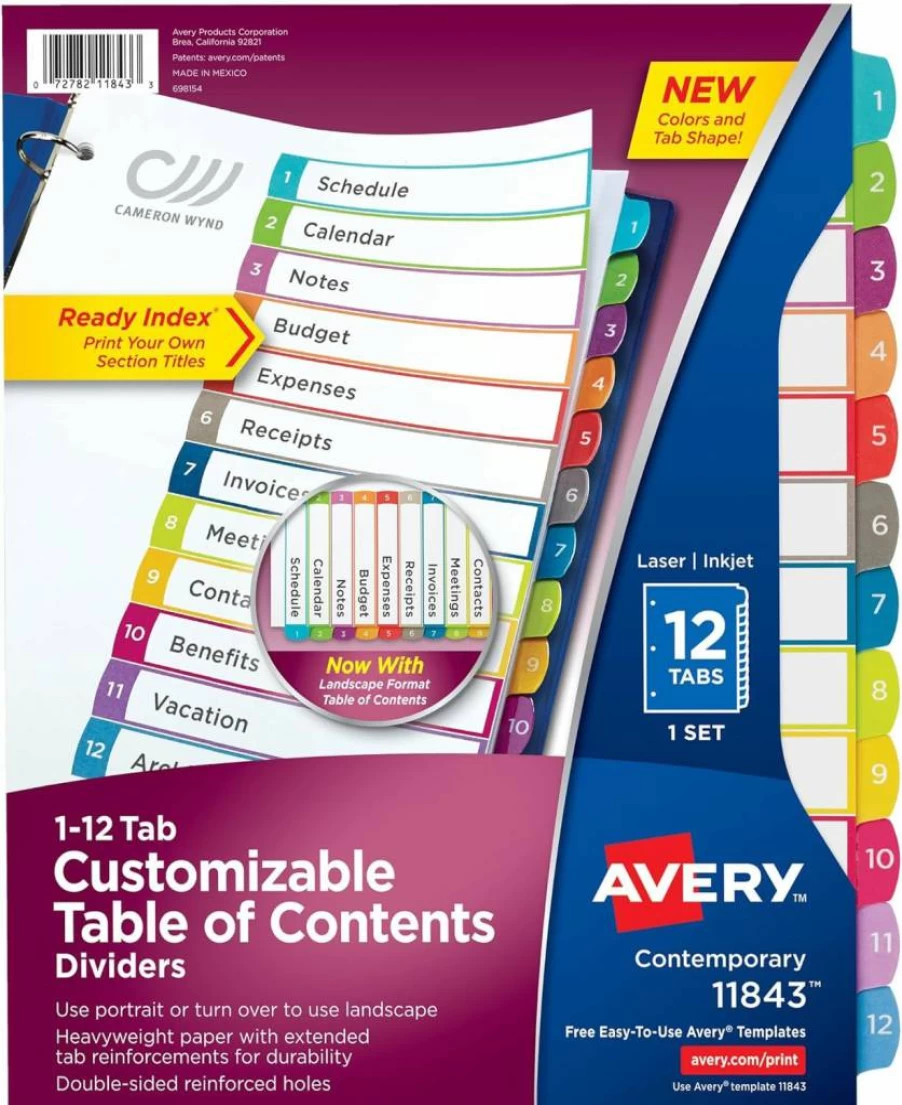 AVERY 12-Tab Multicolor Dividers for 3-Ring Binder, 24-Page Customizable Set with Table of Contents (11843)