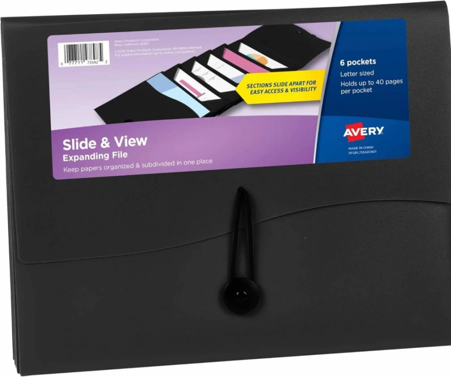 Avery 73517 Black Slide & View Expanding File Folder, Letter Size, 5 Pockets, Organizer for Documents