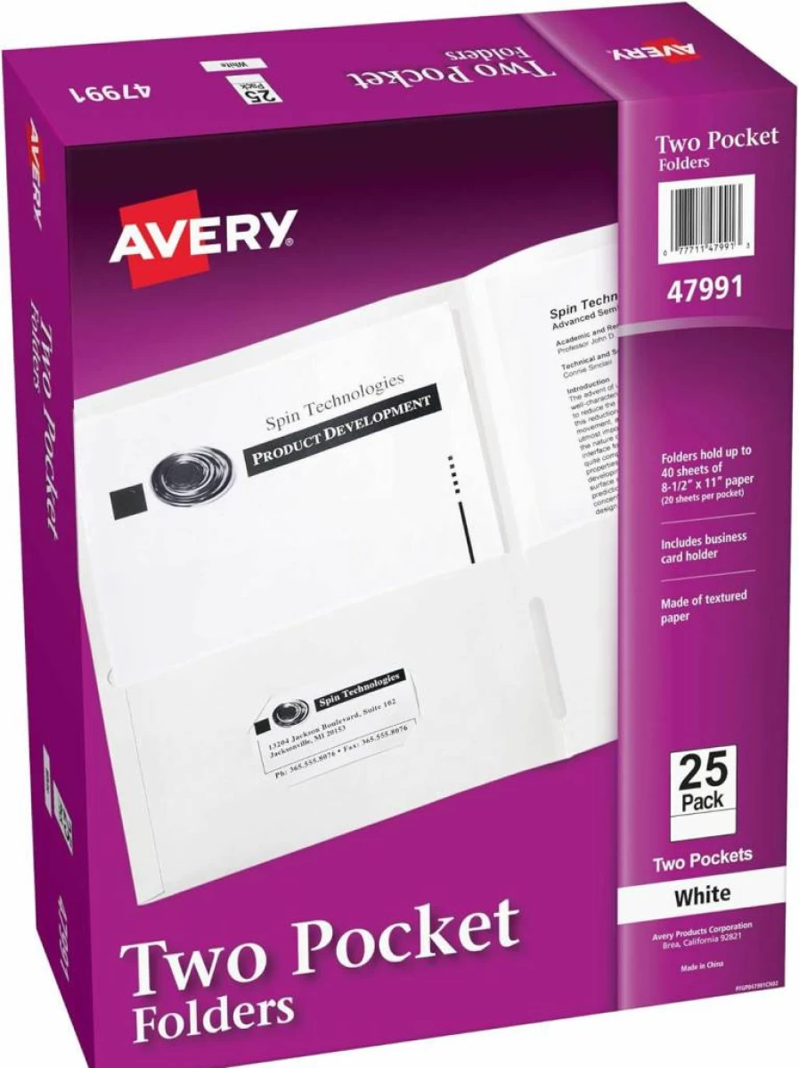 AVERY 2-Pocket Folders with Business Card Slot, 25-Pack White Office Folders Holds 40 Sheets (47991)