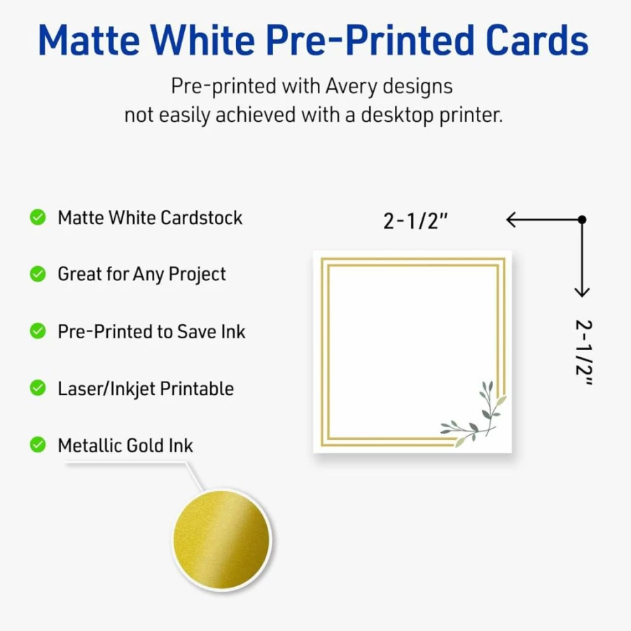 AVERY Gold Edge Dots Printable Square Cards, 2.5" x 2.5" Matte White, 90Ct for Business Promotion, Laser/Inkjet Compatible