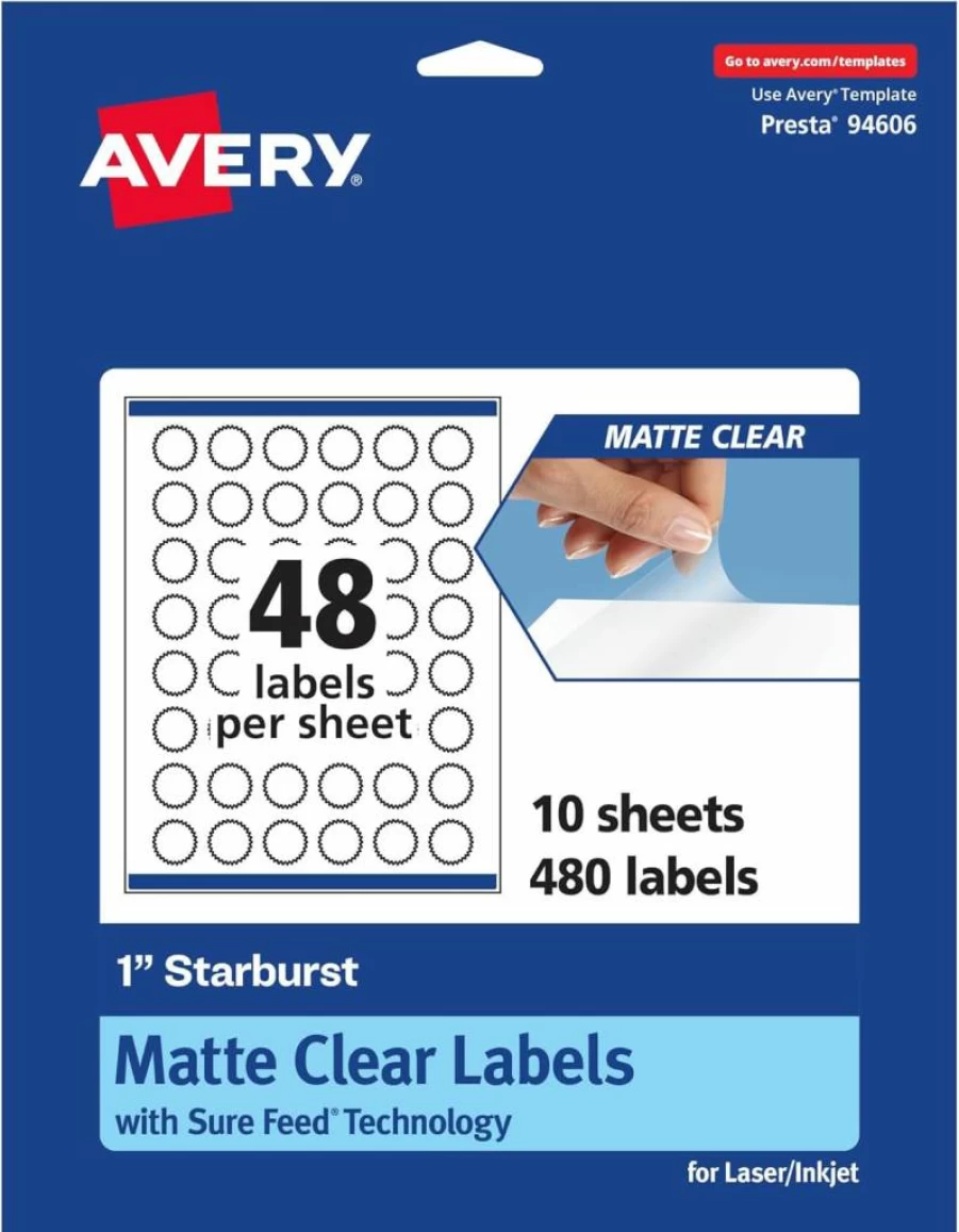 Avery Matte Clear Starburst Labels 1" - 1,200 Pack, Sure Feed Technology, Print-To-The-Edge, Laser/Inkjet Printable, Durable Adhesive
