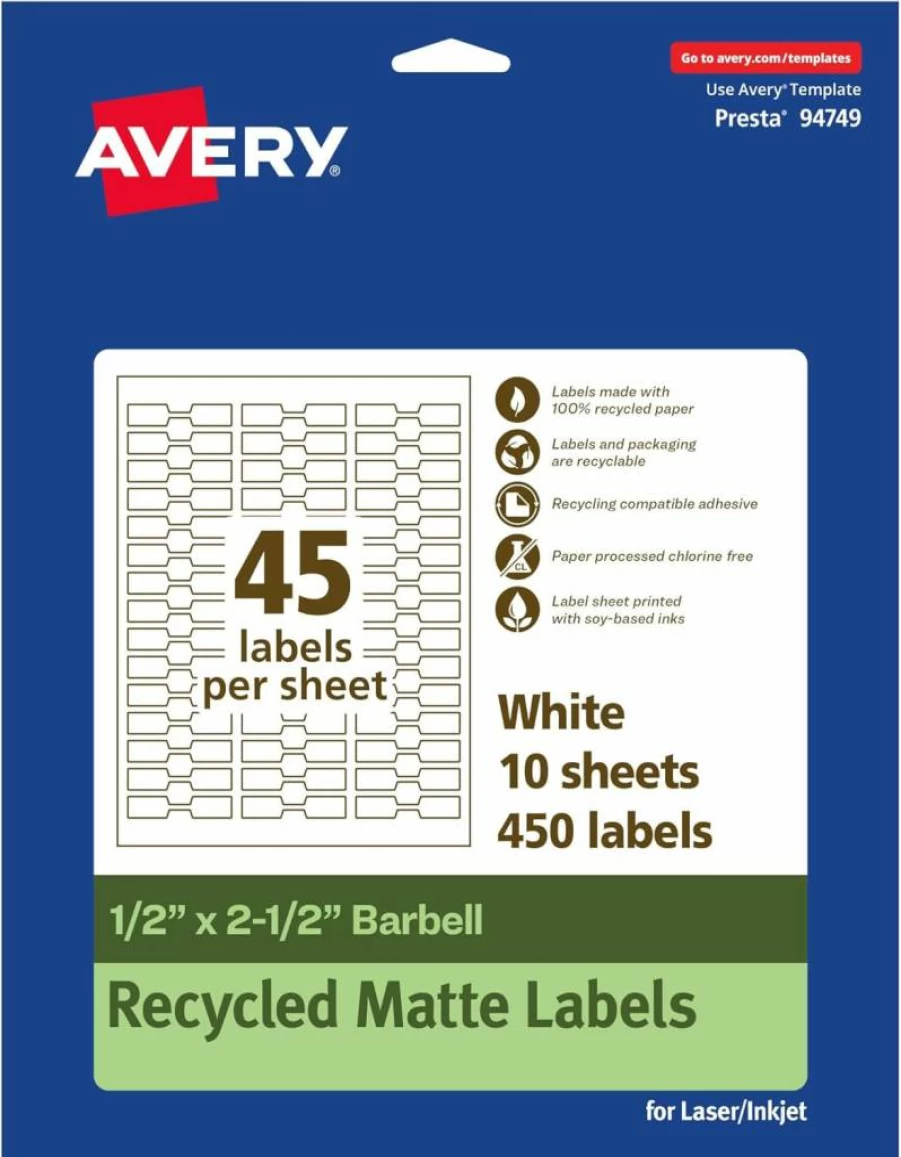 AVERY Recycled Matte White Barbell Labels 0.5" x 2.5" - Eco-Friendly Permanent Adhesive, Laser/Inkjet Printable, 450 Labels per Pack