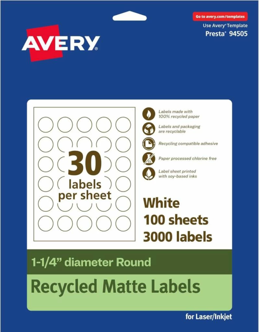 AVERY Recycled Round Labels 1.25" - Matte White Eco-Friendly Permanent Adhesive, Print-To-The-Edge, Laser/Inkjet Printable, 300 Pack
