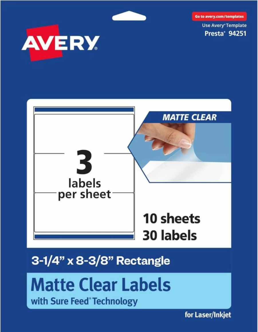 Avery Matte Clear Rectangle Labels 3-1/4" x 8-3/8" - 150 Pack, Laser/Inkjet Printable, Sure Feed Technology, Durable Adhesive