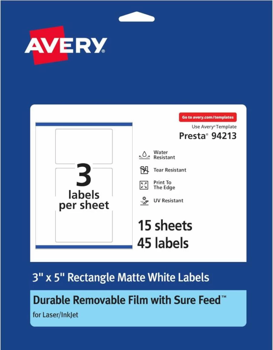 Avery Removable Labels 3" x 5" - Matte White, Water-Resistant, Laser/Inkjet Printable, 75-Pack, Sure Feed Technology, Print to Edge