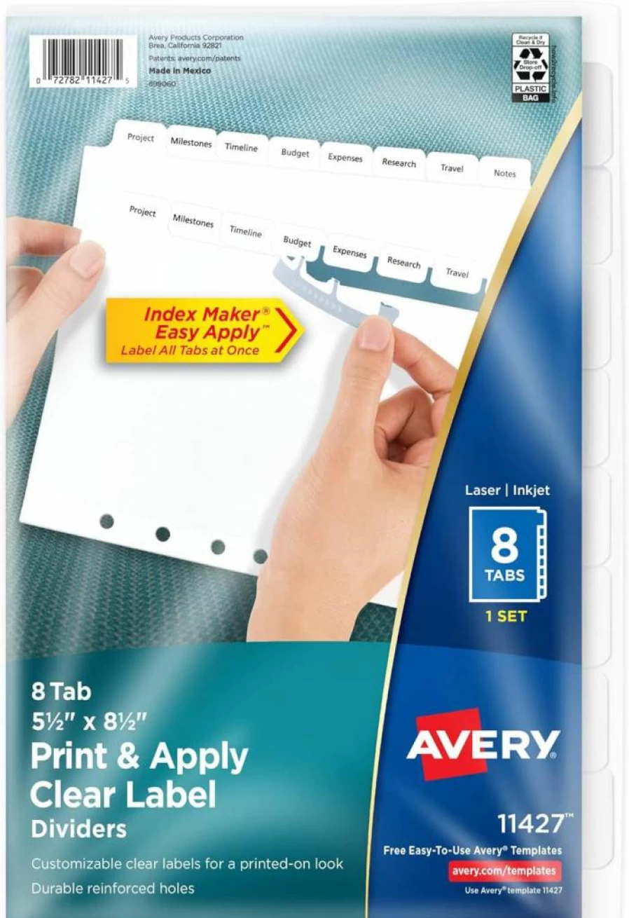 AVERY 8-Tab Mini Binder Dividers, 5.5" x 8.5", White Tabs with Clear Label Strips for Easy Printing, 1 Set (11427)