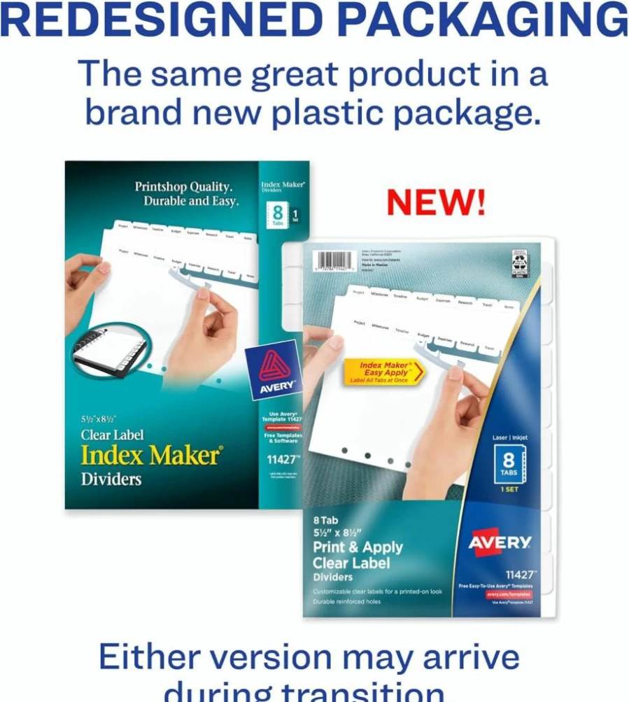 AVERY 8-Tab Mini Binder Dividers, 5.5" x 8.5", White Tabs with Clear Label Strips for Easy Printing, 1 Set (11427)