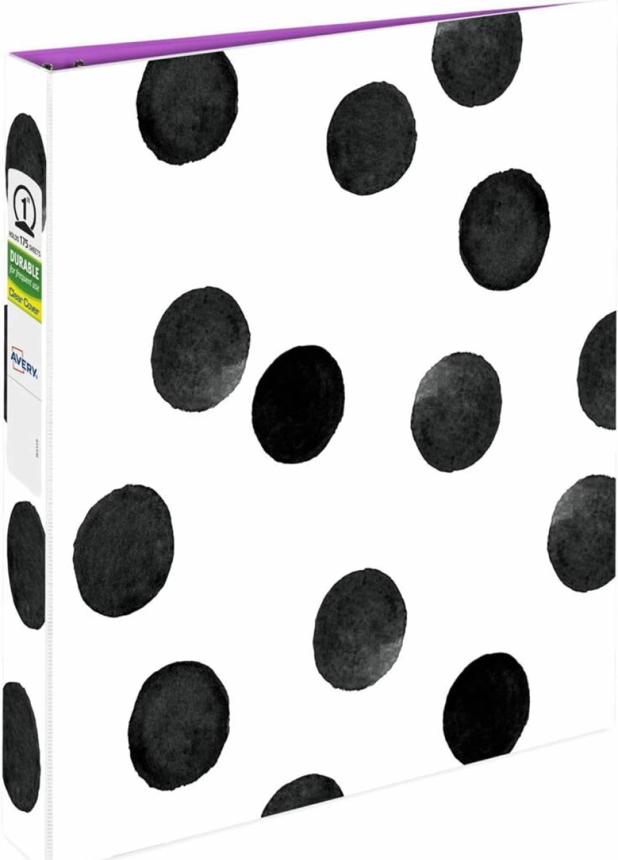AVERY 26744 1 Inch 3-Ring Binder with Round Rings, Durable Black and White Dot Design, Fashion Binder for School or Office
