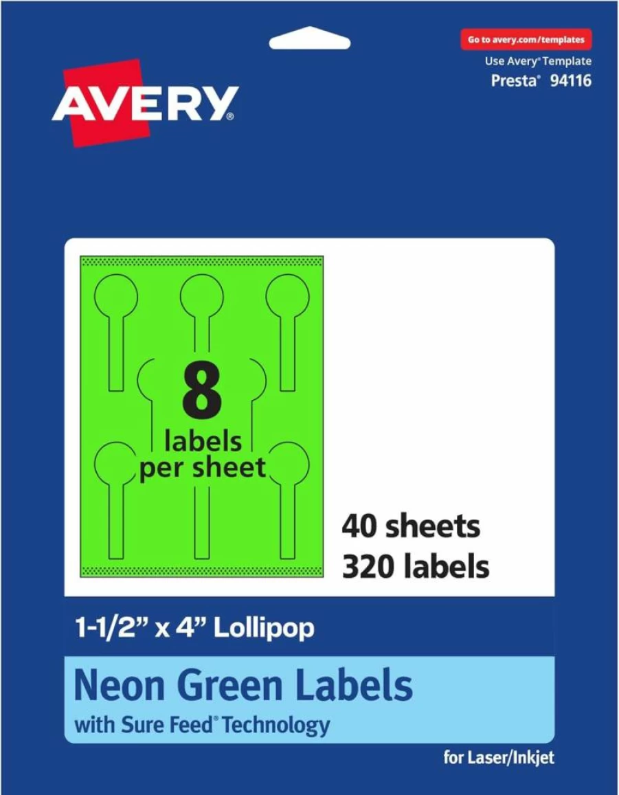 Avery Neon Green Printable Lollipop Labels 1-1/2" x 4" - Sure Feed Technology, Print-To-The-Edge for Laser/Inkjet, 320 Pack - Perfect for Jars, Baking Seal Stickers