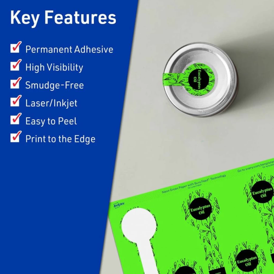 Avery Neon Green Printable Lollipop Labels 1-1/2" x 4" - Sure Feed Technology, Print-To-The-Edge for Laser/Inkjet, 320 Pack - Perfect for Jars, Baking Seal Stickers
