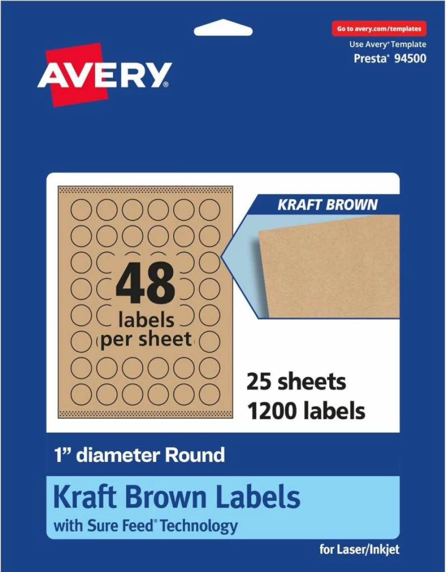 Avery 1" Round Kraft Brown Labels, 720 Pack, Sure Feed Technology, Print-To-The-Edge, Laser/Inkjet Printable, Waterproof & Smudge Proof