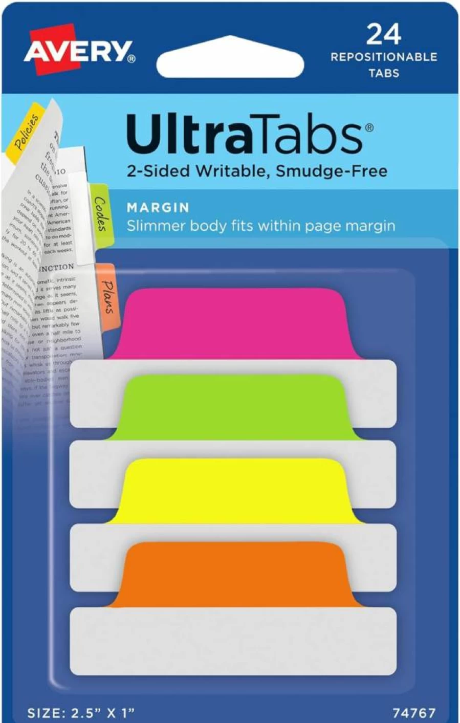 AVERY Repositionable Sticky Tabs, 24 Pastel Page Markers, 2.5 x 1 Inch, 2-Side Writable, 1 Pack (74769)