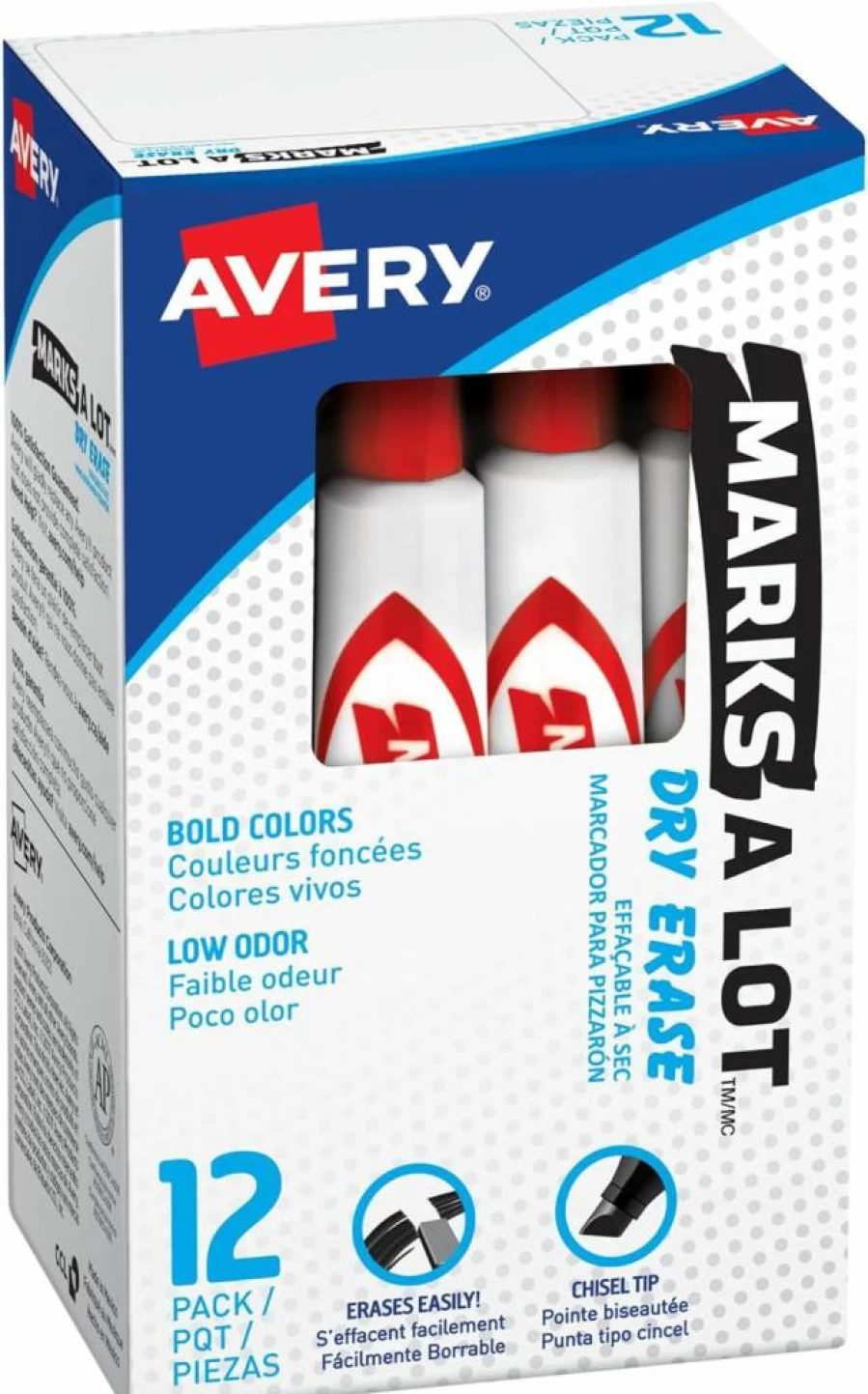 Avery Dry Erase Markers, Chisel Tip, Low Odor, 12 Pack Red Whiteboard Markers for Classroom, Office & School Supplies (24407)