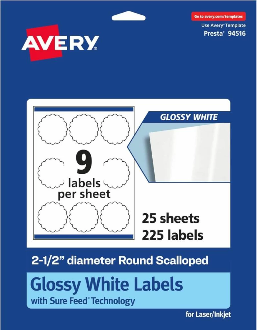 Avery Glossy White Round Scalloped Labels 2.5" - 90-Pack, Sure Feed Technology, Permanent Adhesive, Print-to-Edge for Laser/Inkjet Printers