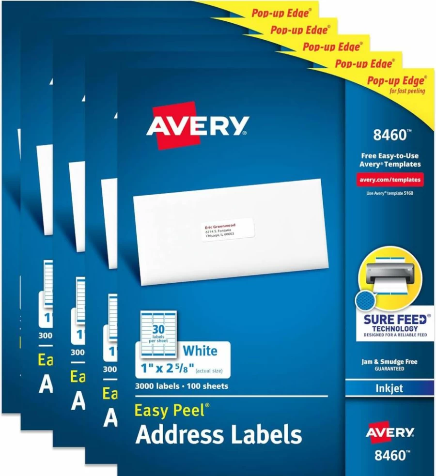 AVERY 8460 Easy Peel Printable Address Labels, 1" x 2-5/8" White Customizable Stickers, 3,000 Blank Mailing Labels for Shipping, Mailing & Organization, Sure Feed Technology