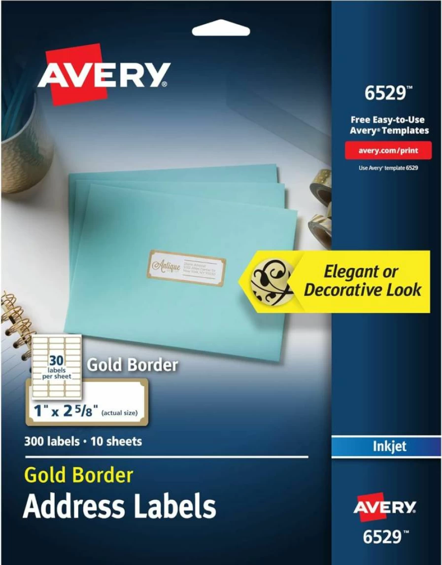 AVERY 06529 Printable Address Labels, 1" x 2-5/8", Matte White with Gold Border, 300 Blank Mailing Labels for Inkjet/Laser Printers