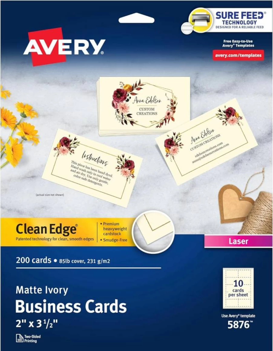 AVERY 5876 Printable Business Cards, 2" x 3.5", Ivory, 200 Blank Laser Printer Cards with Sure Feed Technology and Clean Edge Design