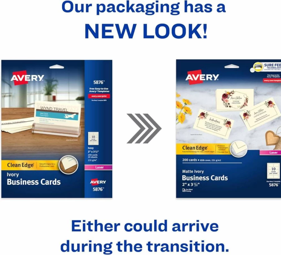 AVERY 5876 Printable Business Cards, 2" x 3.5", Ivory, 200 Blank Laser Printer Cards with Sure Feed Technology and Clean Edge Design