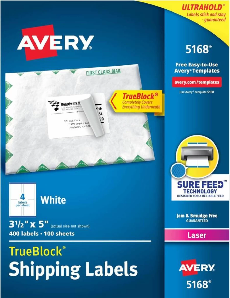 Avery 5168 Printable Shipping Labels, 3.5" x 5", White, 400 Blank Mailing Labels for Laser Printers with Sure Feed Technology