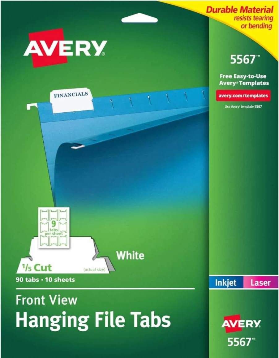 Avery 5567 Printable Hanging File Folder Tabs, 1/5 Cut, White, 90-Pack for Office Organization