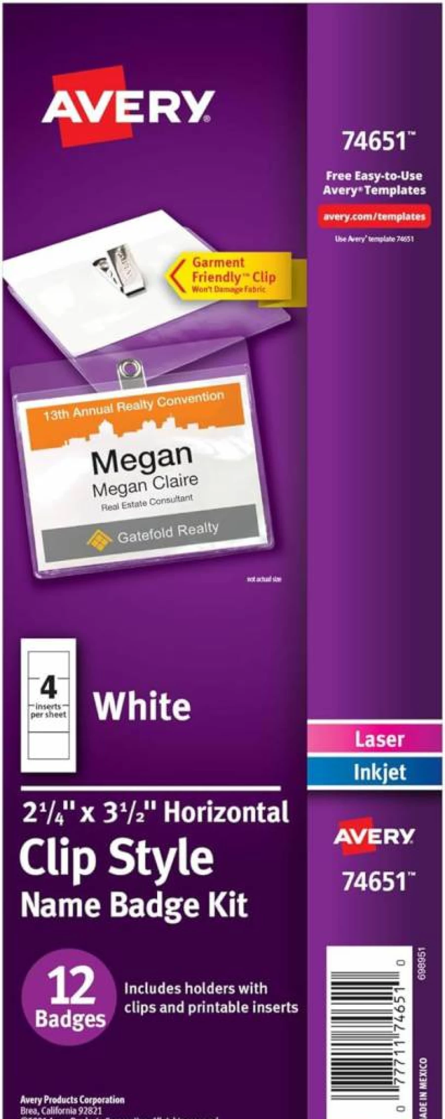 AVERY 74651 Customizable Clear Name Badges with Clips, 2.25" x 3.5" Name Tag Holders, 12-Pack with White Printable Inserts