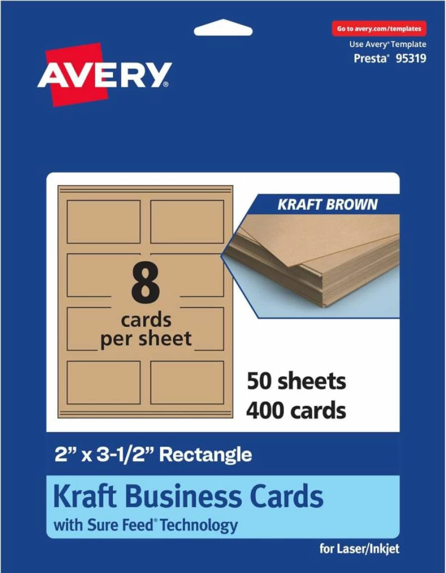 AVERY Printable Kraft Brown Business Cards, 2" x 3.5", Sure Feed Technology, Print-To-The-Edge, Laser/Inkjet Compatible, 80-Pack (85113)