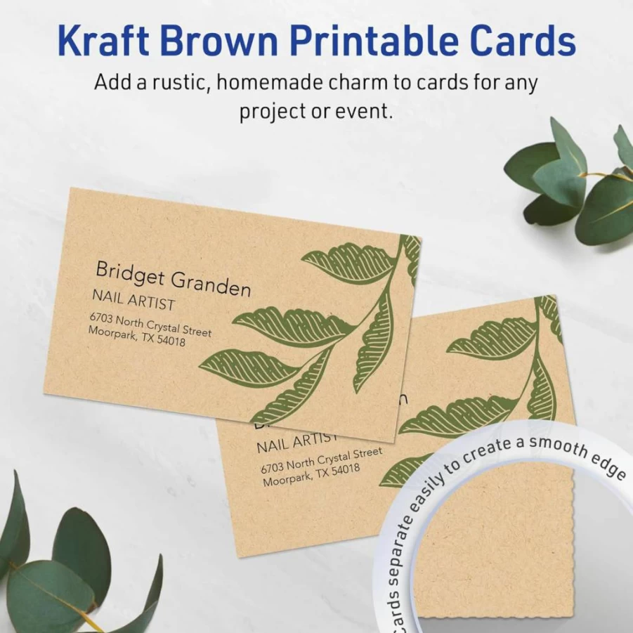 AVERY Printable Kraft Brown Business Cards, 2" x 3.5", Sure Feed Technology, Print-To-The-Edge, Laser/Inkjet Compatible, 80-Pack (85113)