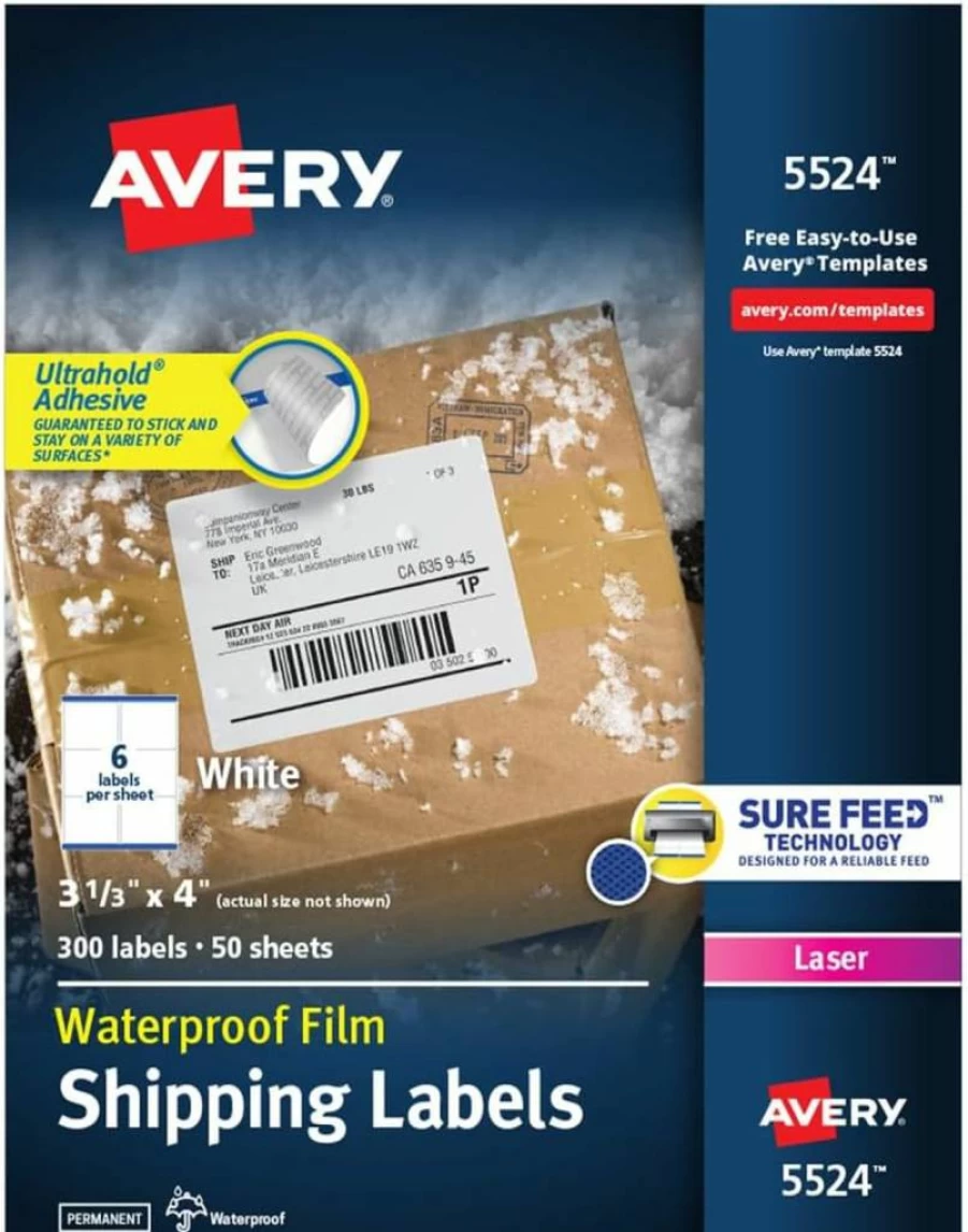 Avery Ultrahold Permanent Waterproof Labels 3.33" x 4" for Laser Printers, 5-Pack with 300 Adhesive Labels (05524)